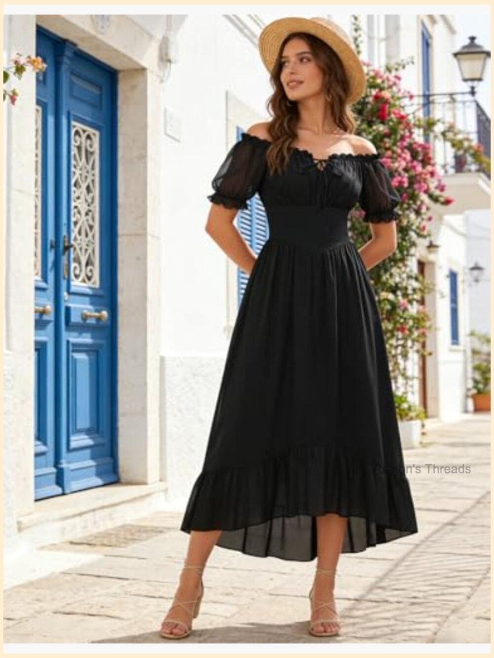 Off Shoulder Puff Sleeve Smocked Waist Tiered Long Maxi Dress Chiffon - Picture 5 of 7